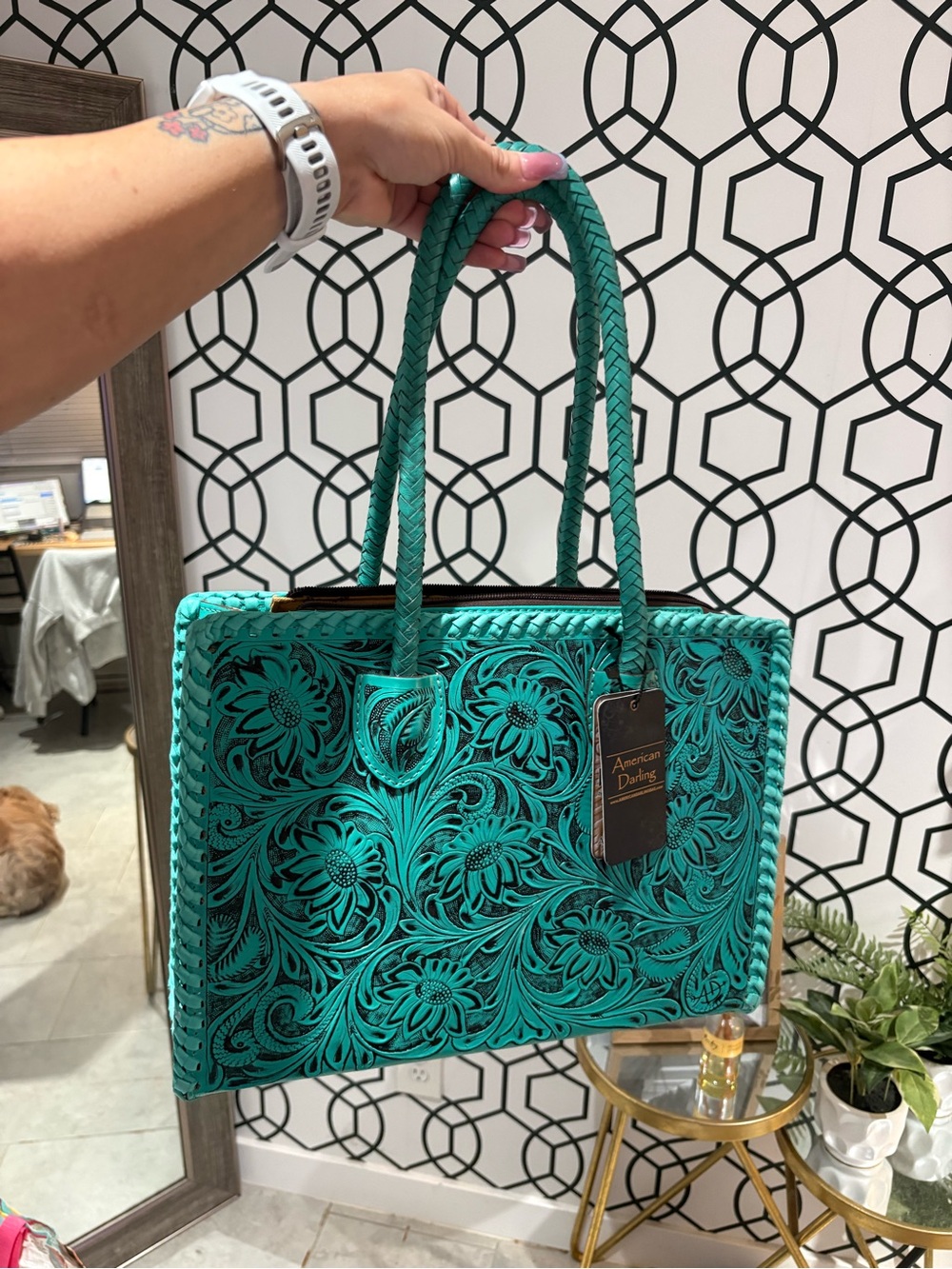 American Darling Turquoise Hand Tooled Leather Conceal Carry bag - Picture 11 of 12